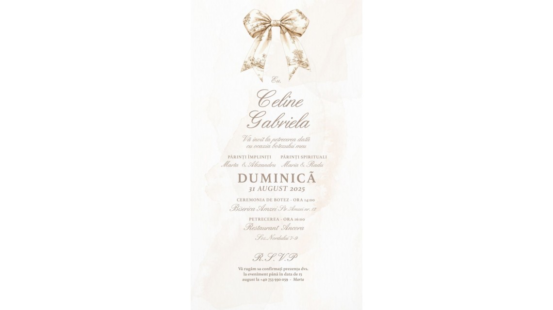 Invitație digitală botez fetiță cu funda – Simple Elegance Invitație electronică crem 1